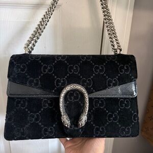 Gucci Black Velvet Dionysus-Style Shoulder Bag with Silver Hardware with COA